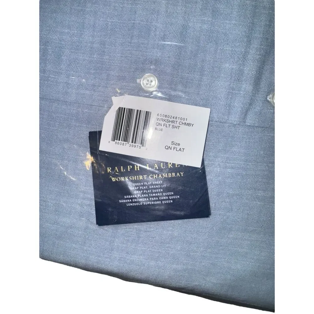 New Ralph Lauren Queen Flat Sheet Workshirt Chambray Blue Country Old Money Fall